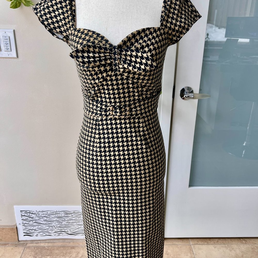 Stop Staring Tan & Black Houndstooth Stretch Pinup Retro Wiggle Pencil Dress